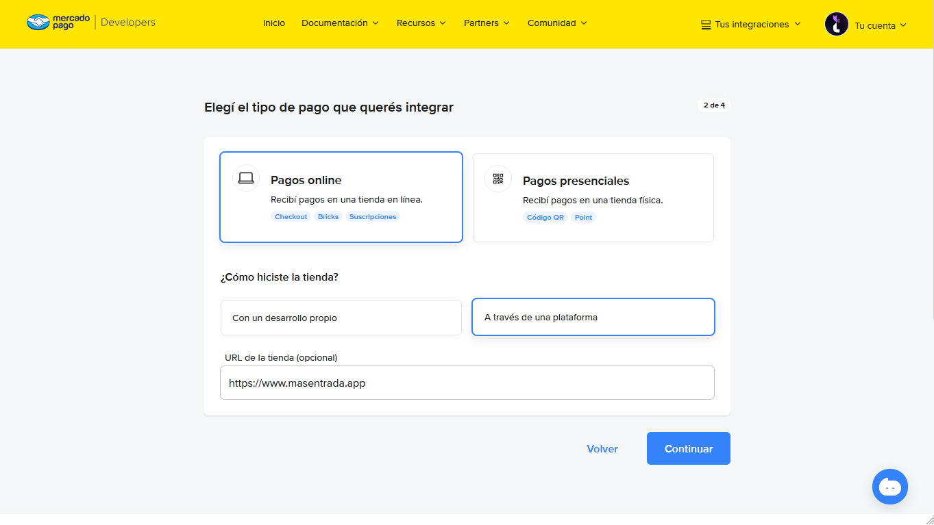 Crear aplicación en Mercado Pago - Paso 3