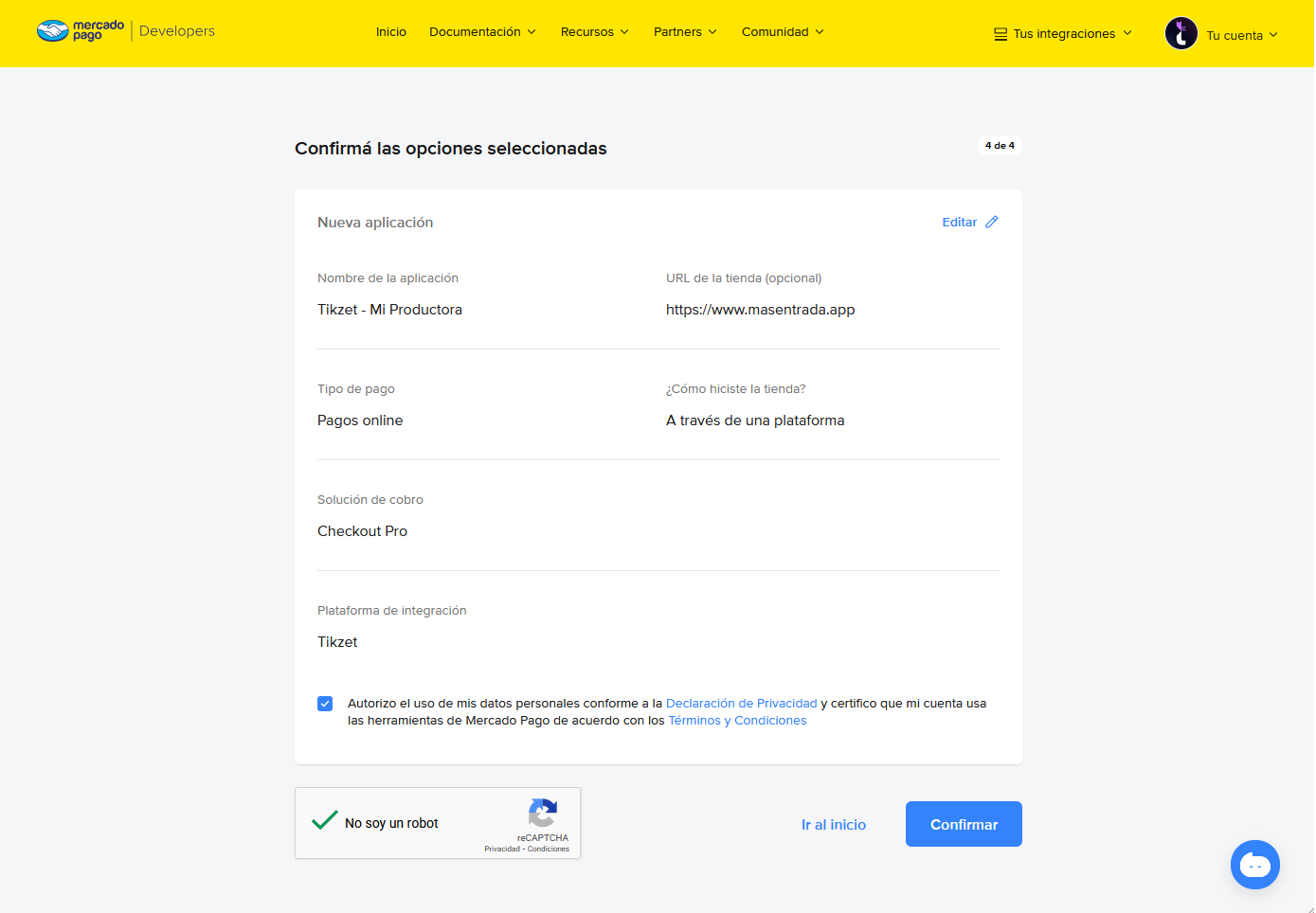 Crear aplicación en Mercado Pago - Paso 5