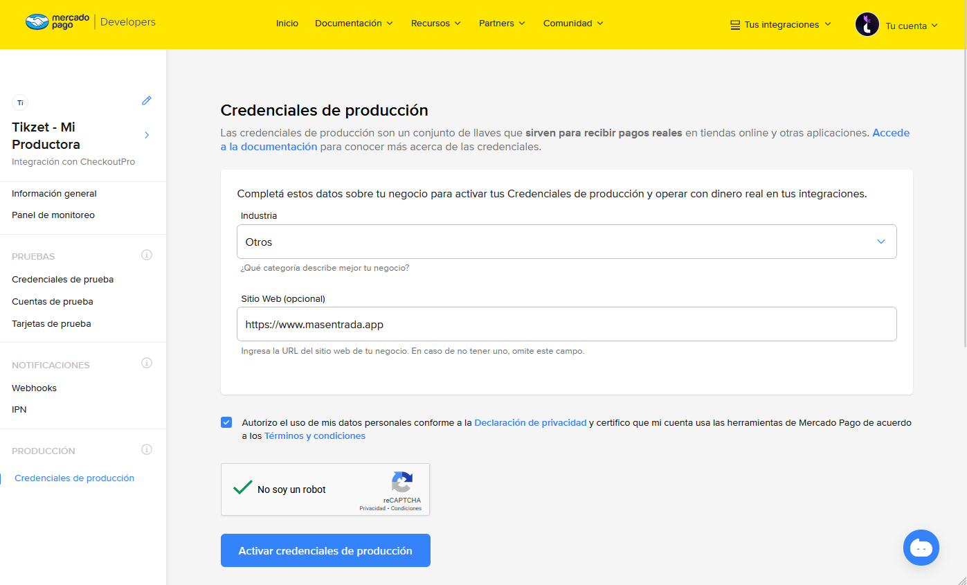 Crear aplicación en Mercado Pago - Paso 7